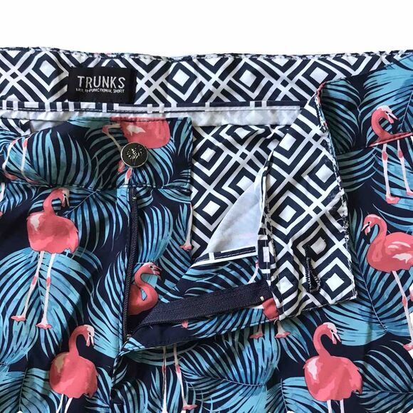 Trunks Swim Hybrd Shorts Mens Size 34 Flamingos Blue Pink Pockets Multi-Function - Picture 5 of 12